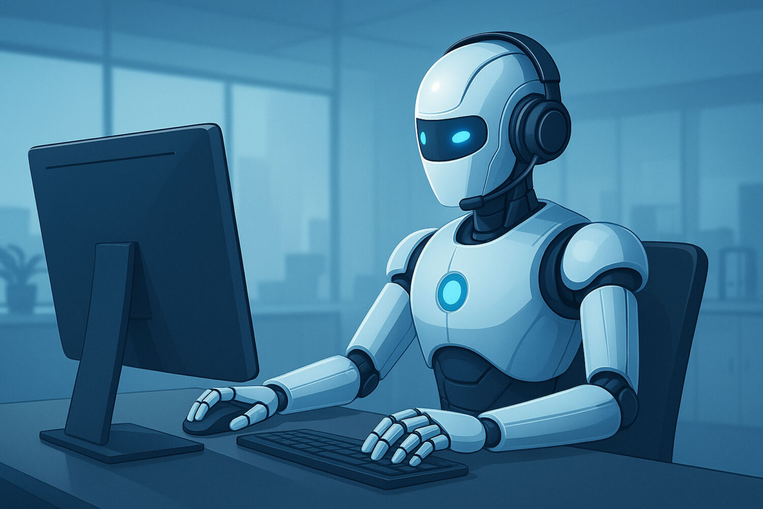 KI-Bot mit Headset auf dem Kopf nimmt Telefonate automatisch entgegen